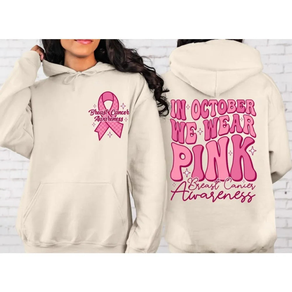 Breast cancer awareness pullover hoodie with retro hot stamp design and side seam pocket in pink, white, khaki, or black.
