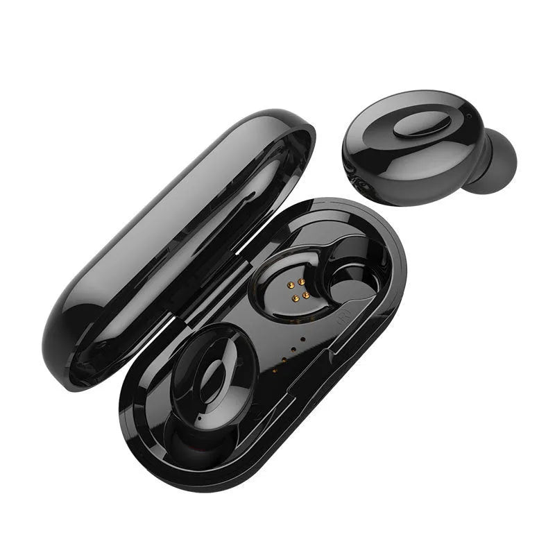Black wireless sports headphones with Bluetooth 5.0 and earplug design