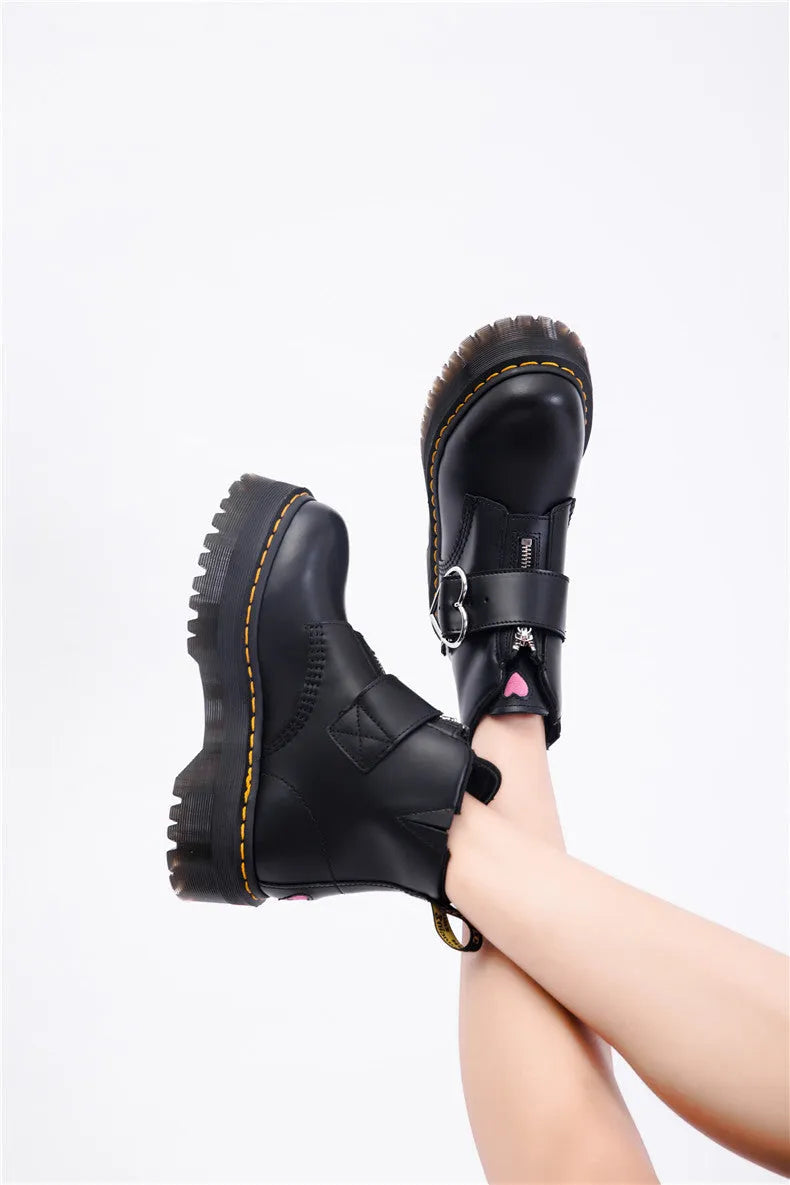 Women's black leather Martin ankle boots with side zipper, thick heel, belt buckle and waterproof platform