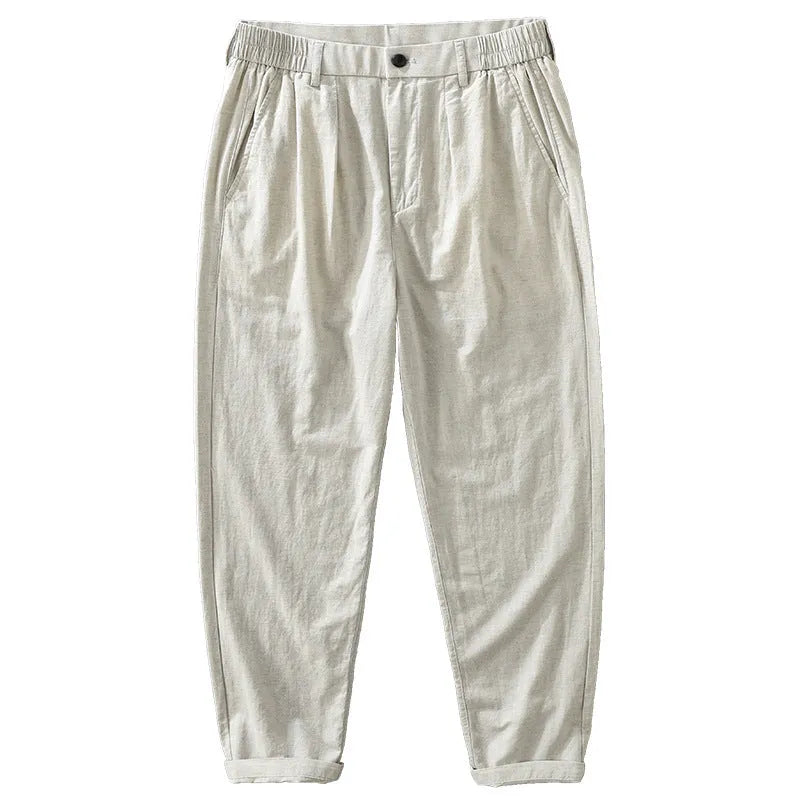 Men's loose straight-leg casual trousers in a cotton linen blend fabric, shown in black colour.