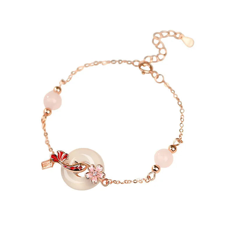 S925 sterling silver new Chinese style bracelet with floral design, white chalcedony crystals and koi details