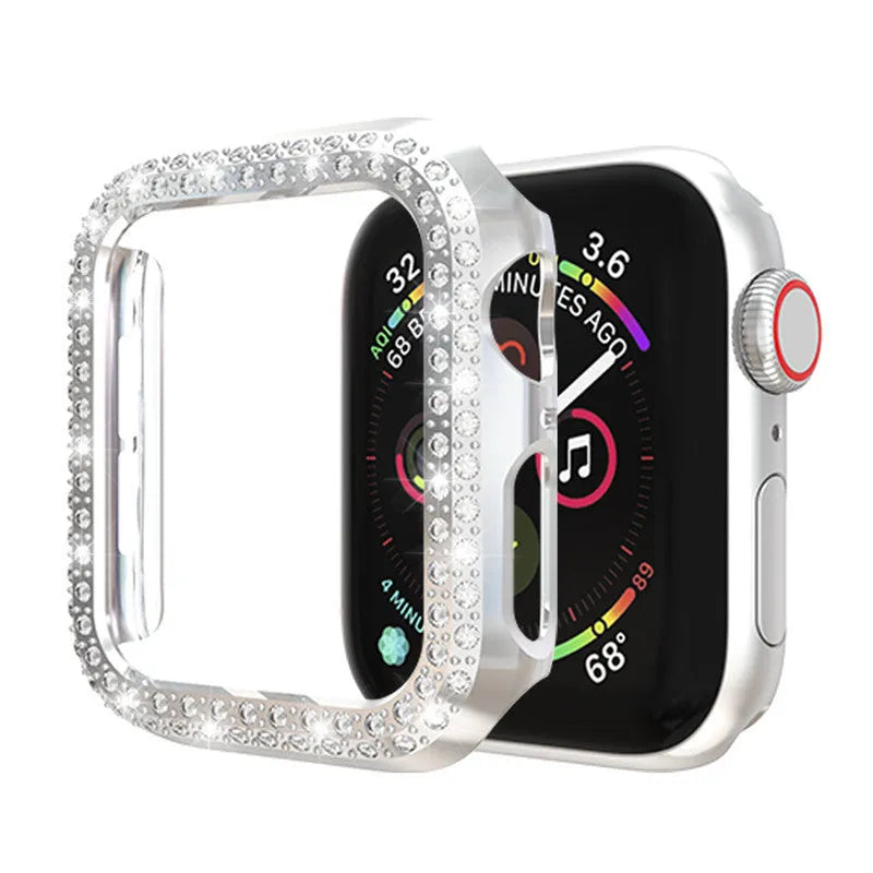 Transparent polycarbonate protective case for an Apple Watch, shown next to colour swatches.