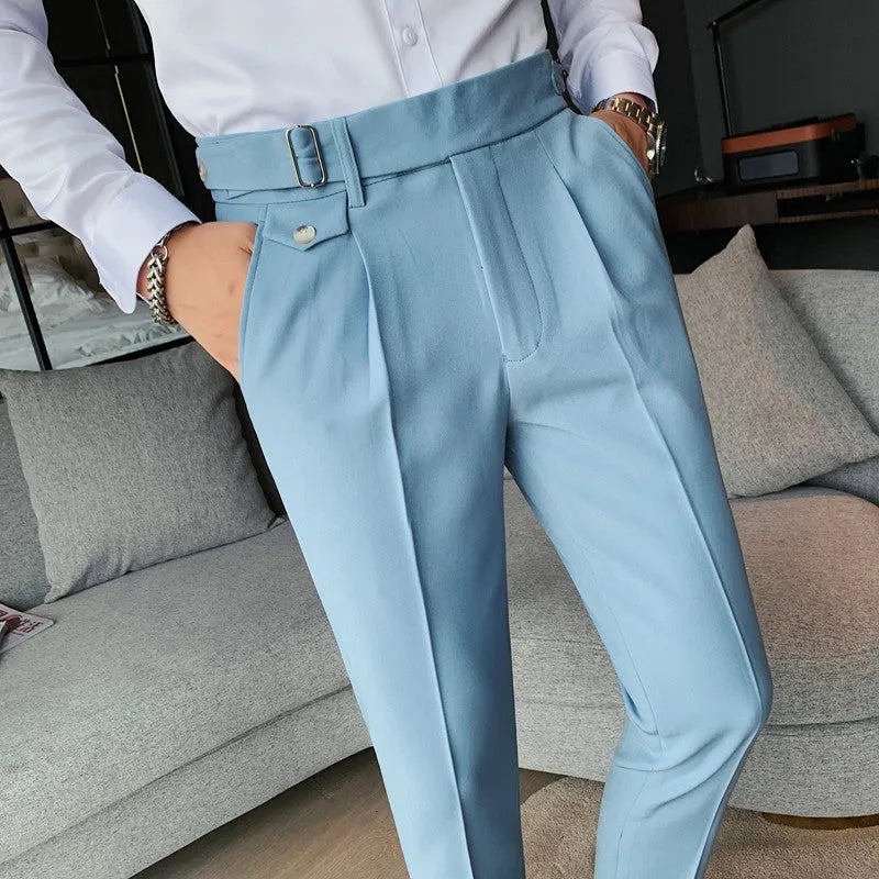 Men's straight-leg casual trousers in solid colours showing waist sizes 29-36 and polyester fabric.