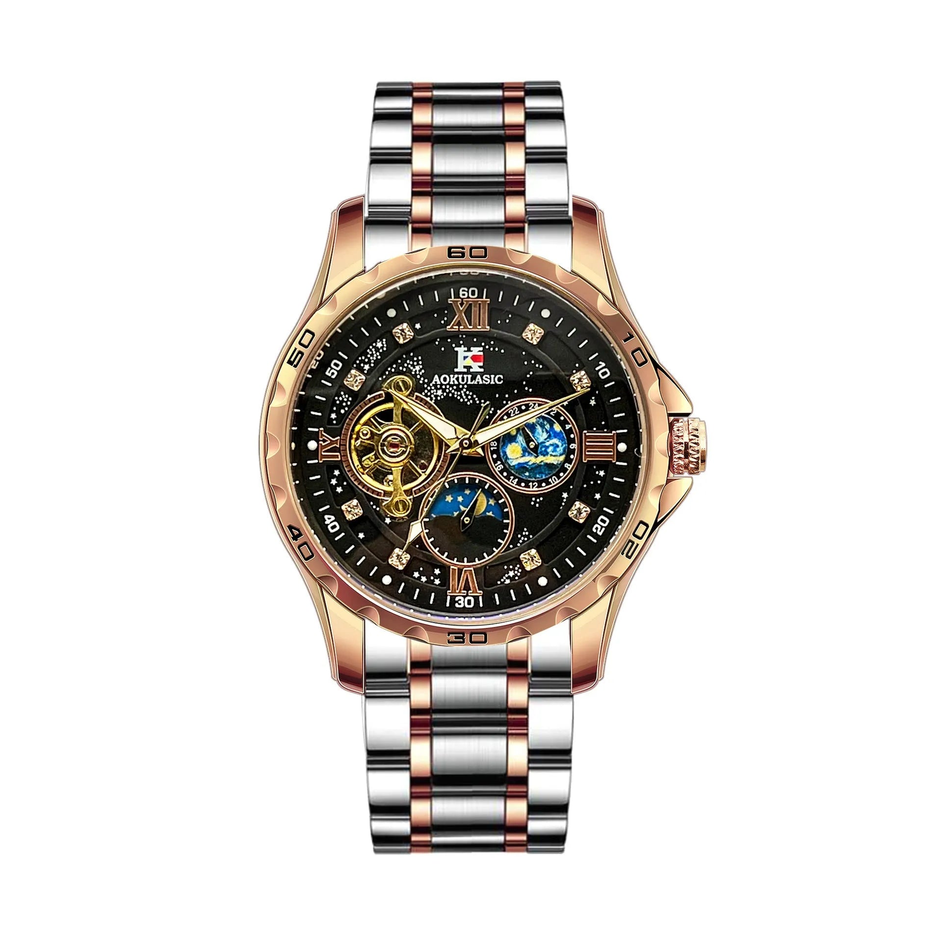 Automatic mechanical men's watch with rose gold shell, black dial, and large multifunctional display.