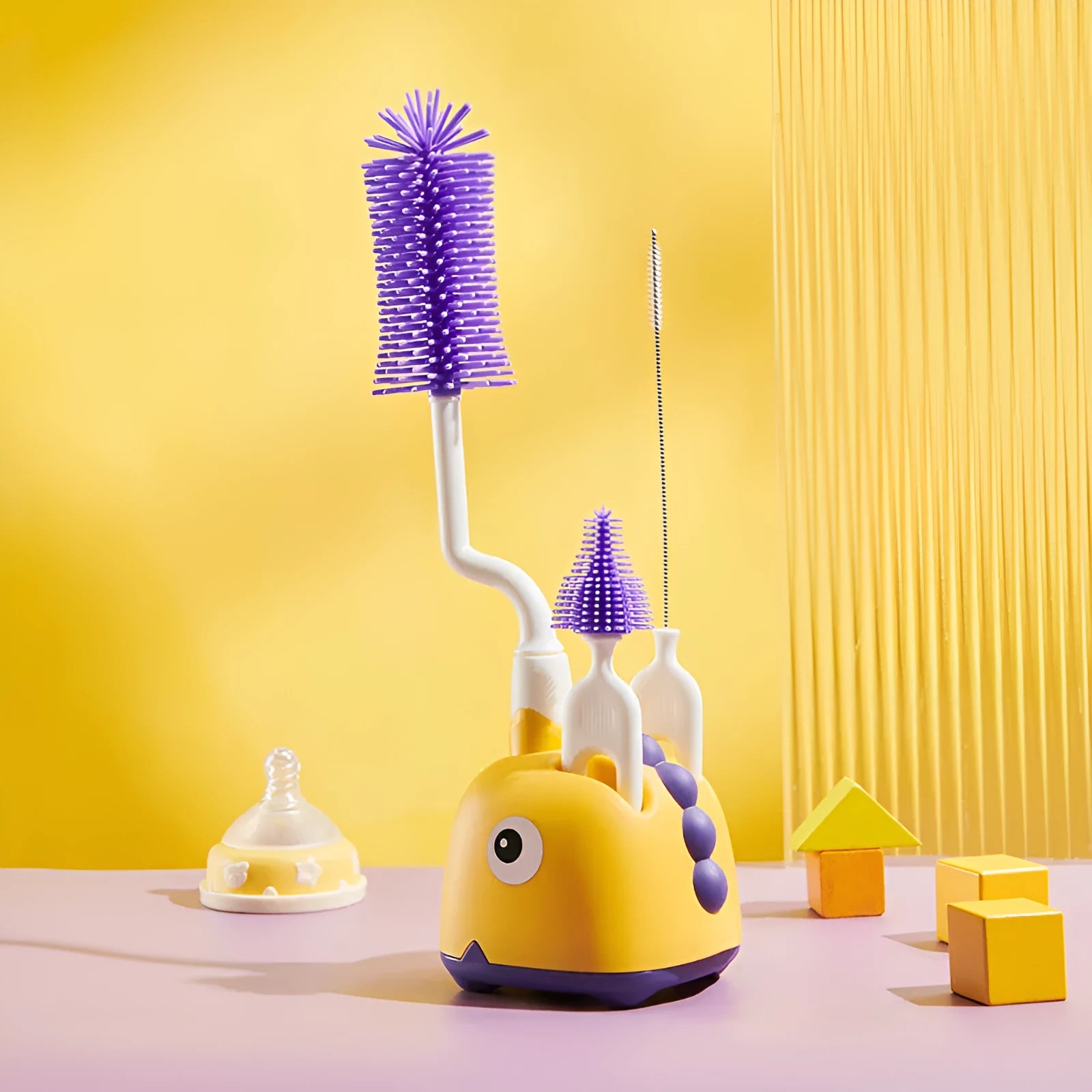 Multifunctional cleaning brush set with base for bottles, pacifiers, and straws in four colours