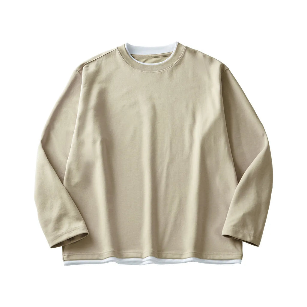 Men's loose fit long-sleeved cotton blend T-shirt in solid colour with round neck