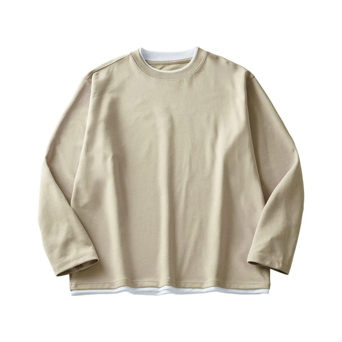 Men's loose fit long-sleeved cotton blend T-shirt in solid colour with round neck
