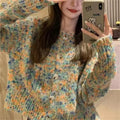 Retro rainbow pattern knitted cardigan sweater in pink or green with toothbrush hair fabric texture