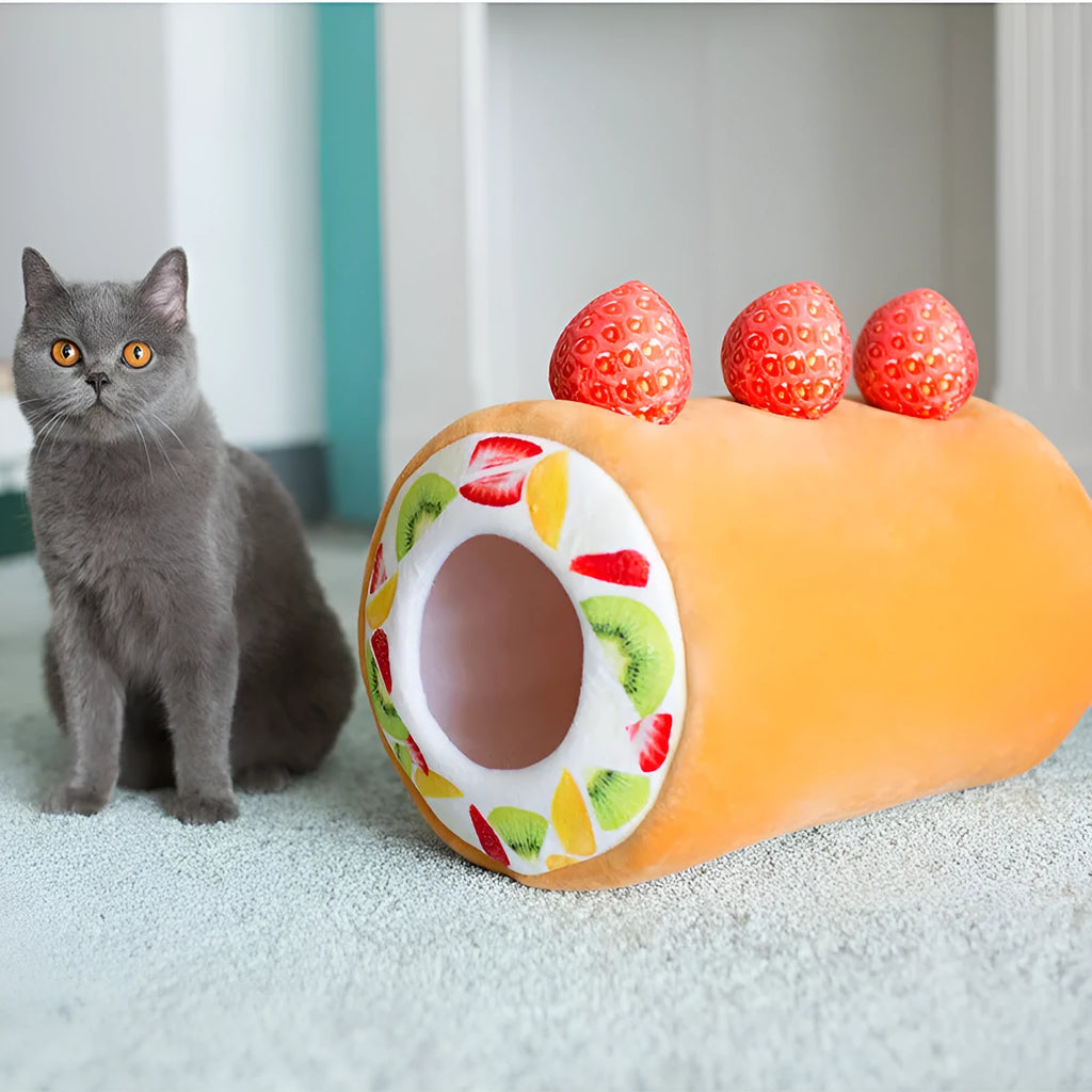 Yellow plush cake roll cat litter toy 40cm height with sponge filling on a white background