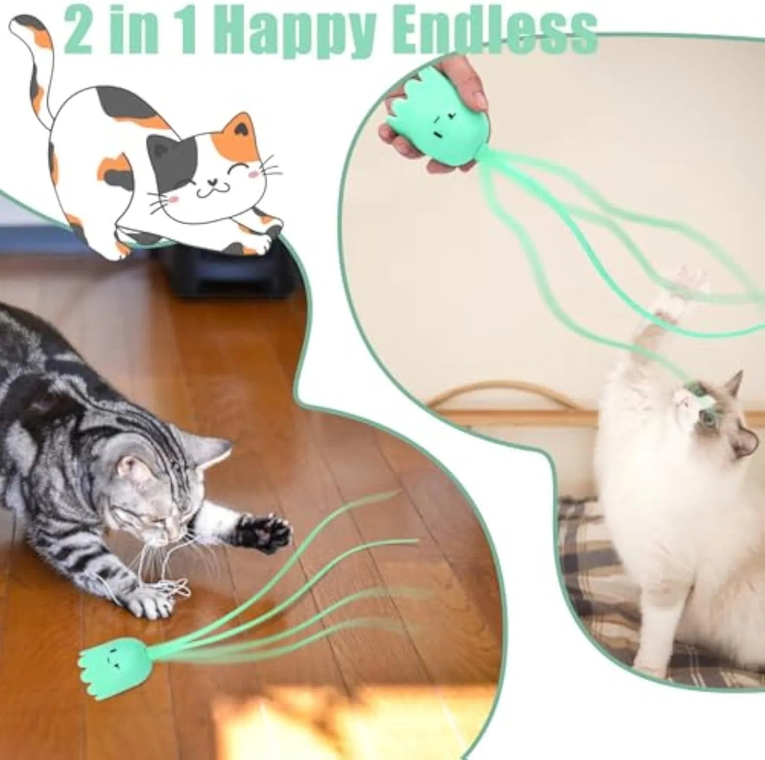 Green automatic cat toy with swinging silicone tails on 38cm wand for indoor feline play