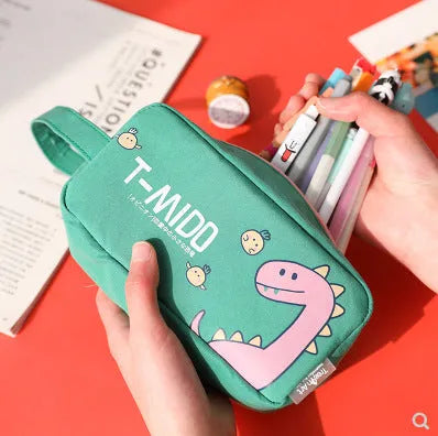Cartoon dinosaur stationery bag in inverted trapezoid shape made from cotton cloth on blue background