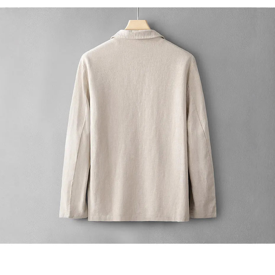 Solid colour linen long sleeve leisure suit jacket for men in apricot with button front