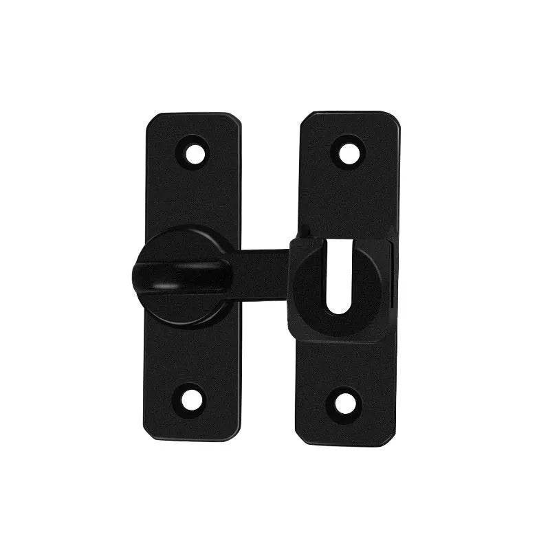 Aluminium alloy punch-free door latch in silver, black, grey, and gold finishes showing 90 and 180 degree opening angles.