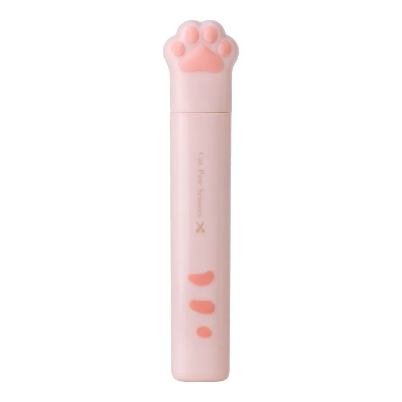 Cat paw cartoon design mini folding safety scissors in four colours: black, blue, pink, and white.