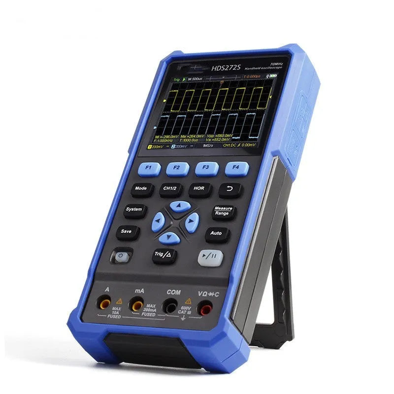 Owon HDS272 handheld digital oscilloscope with probe on black background