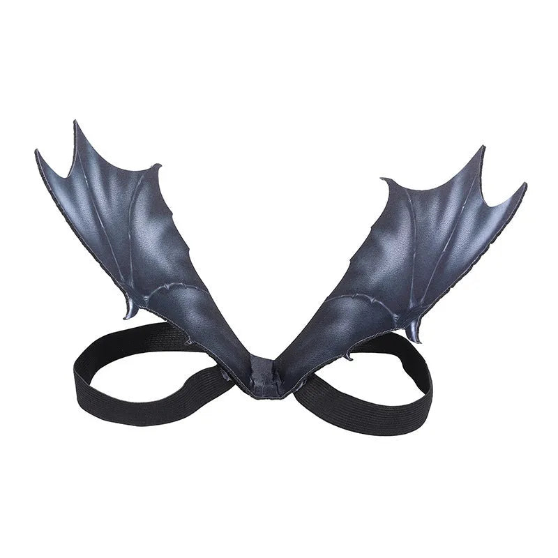 Black cloth bat wings costume shown on a pet's back, with size options for small, medium, and large dogs and cats.