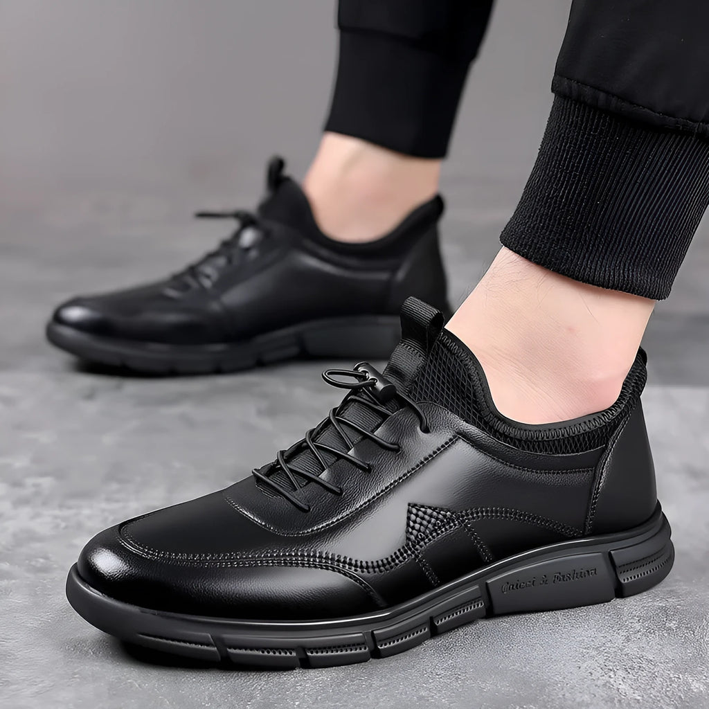 Men's black casual leather shoes with low square heel and round toe design