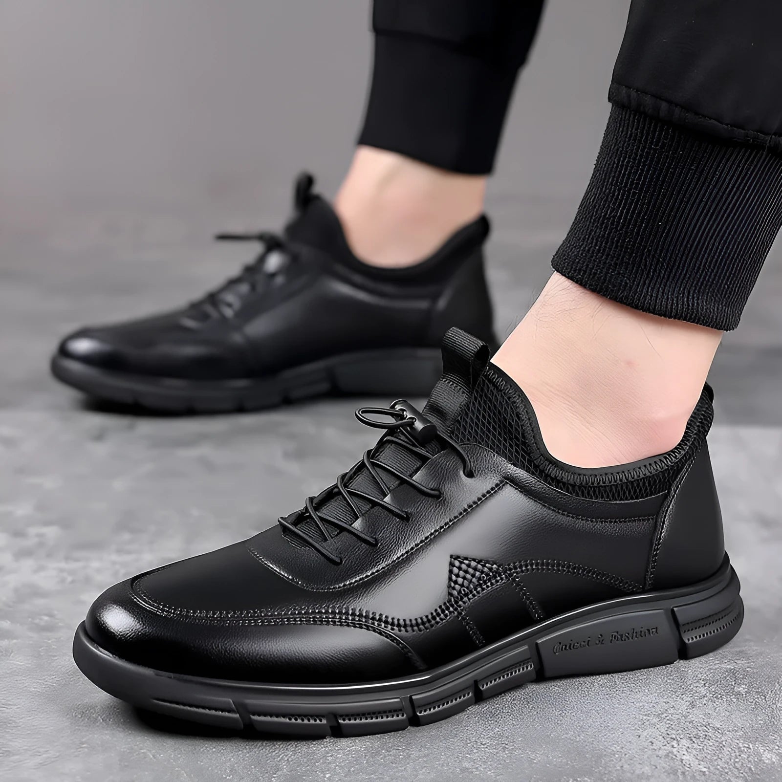 Men's black casual leather shoes with low square heel and round toe design