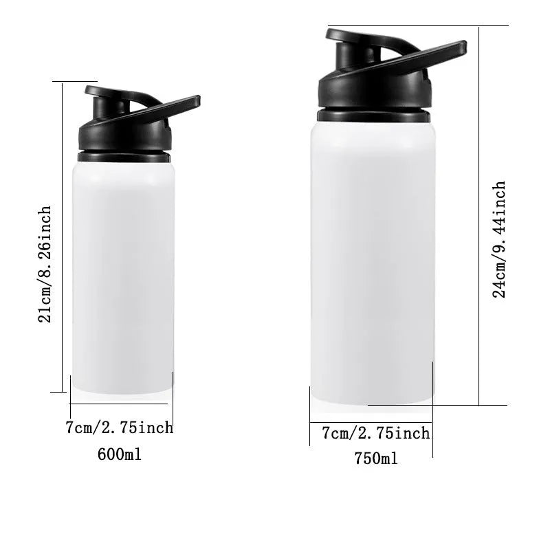 White aluminium sports water bottle for cycling with screw-on lid, shown in 600ml and 750ml sizes.