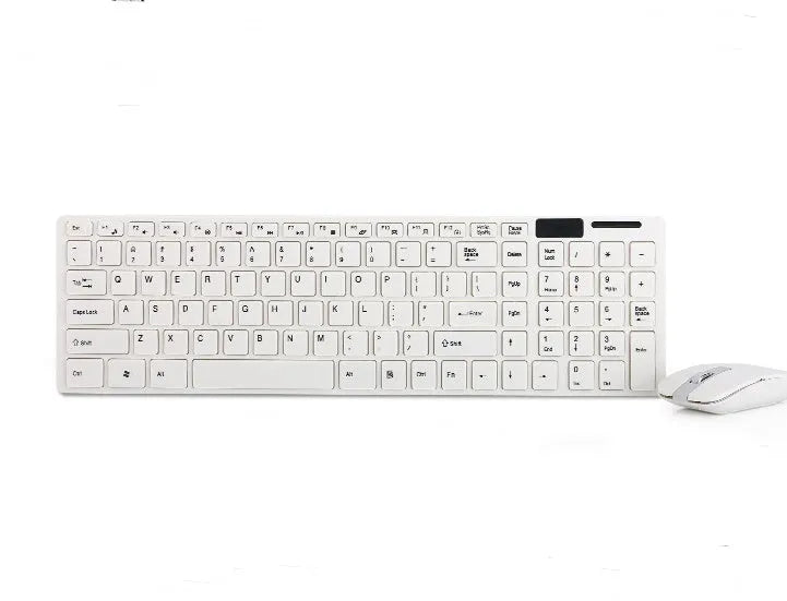 HK-06 wireless keyboard and mouse set in black or white, 2.4GHz with shared USB receiver, keyboard 38.5cm wide, mouse 600-1200 DPI.