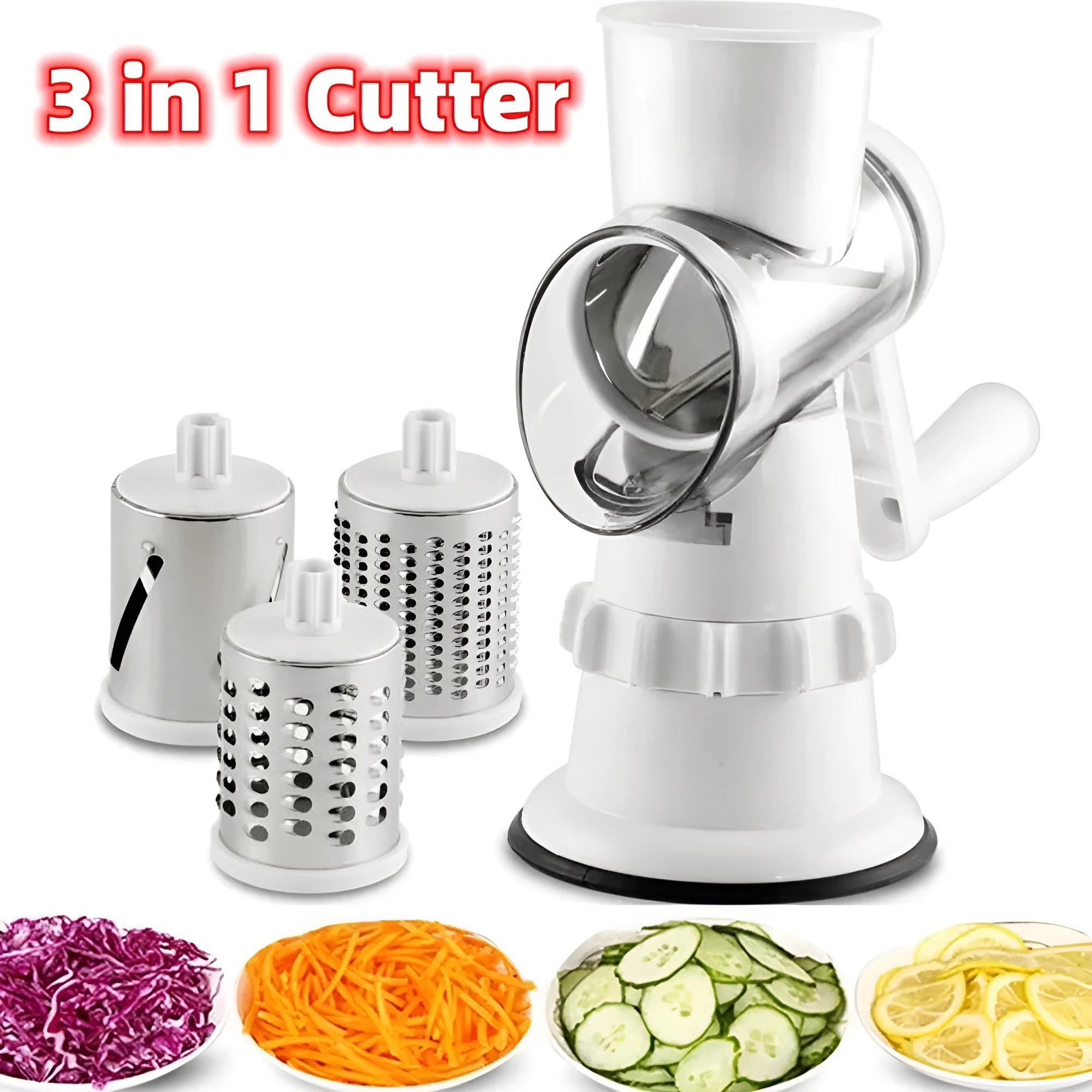 White 3-in-1 vegetable slicer manual kitchen gadget with suction feet and stainless steel blades