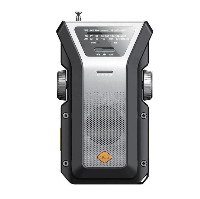 Multifunctional outdoor solar hand-crank radio flashlight with AM FM weather band USB charging 4000mAh ABS silver gray