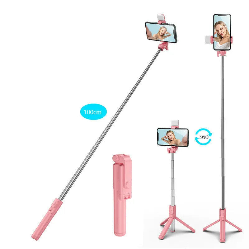 Aluminium alloy Bluetooth selfie stick with integrated tripod legs and 360-degree rotating phone holder in black.