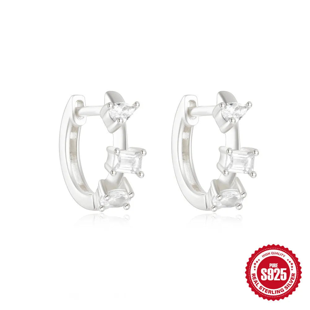 S925 sterling silver geometric stud earrings with diamond accents in gold and silver electroplated finishes