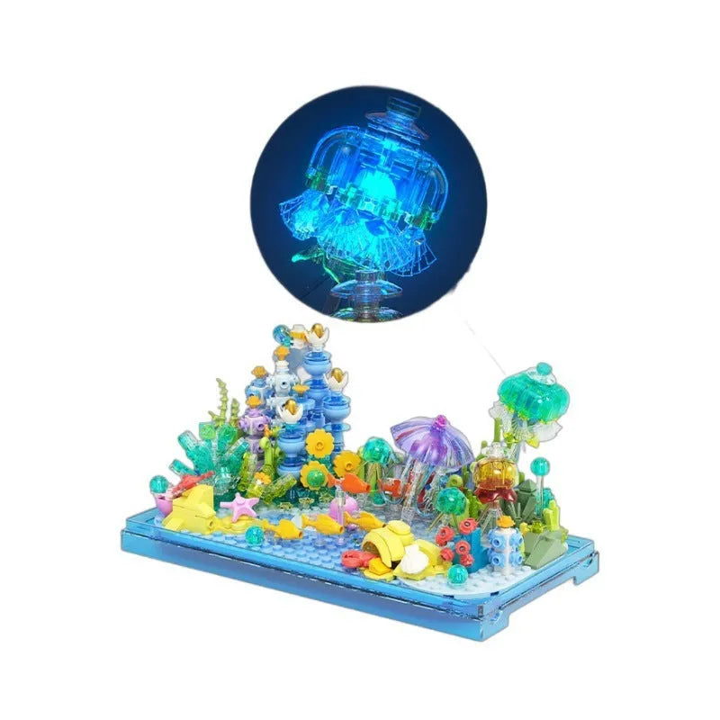 Blue plastic building blocks submarine model assembled on a white background, suitable for girls aged 7-14