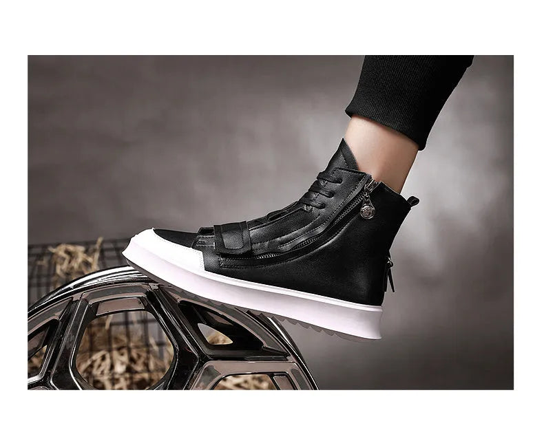 Men's black and white PU leather ankle boots in high-top sneaker style with winter boot design