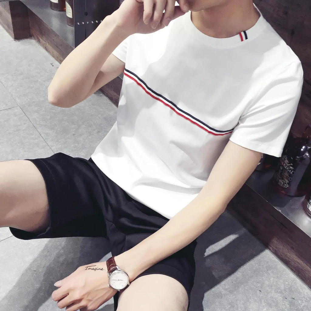Men's round neck T-shirt in milk silk fabric, shown in white, red, black, and black and white colour options.
