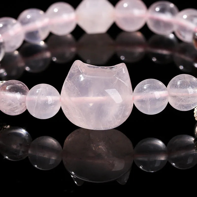 Women's handcrafted natural crystal bracelet with cat head charm and gemstone beads