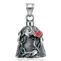 Titanium steel motorcycle riding lucky bell with polished vintage finish and double-sided epoxy rose design