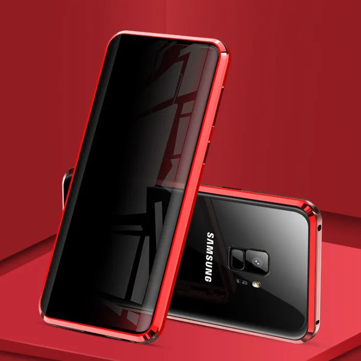 Samsung smartphone in a black clamshell magnetic case with anti-peeping screen, shown open and closed.