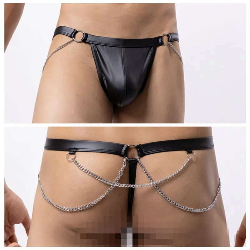 Black men's patent leather-look thong underwear with a metallic chain detail on the front.