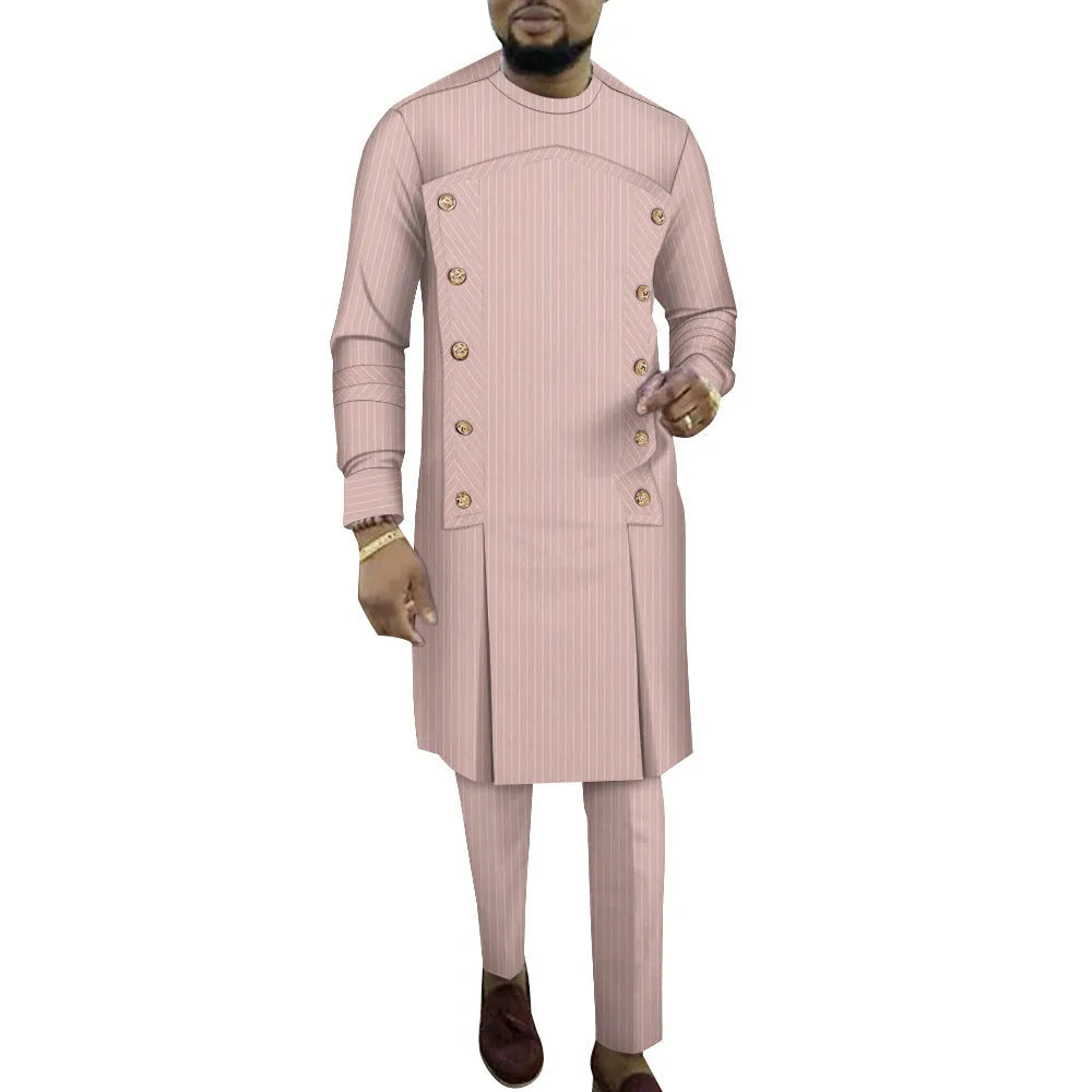 African men's striped robe two-piece set with long sleeve top and matching trousers in cotton fabric