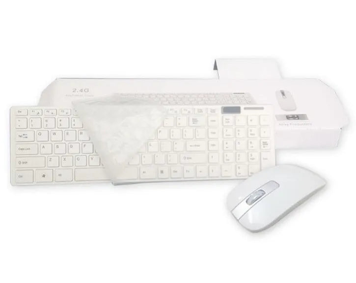 HK-06 wireless keyboard and mouse set in black or white, 2.4GHz with shared USB receiver, keyboard 38.5cm wide, mouse 600-1200 DPI.