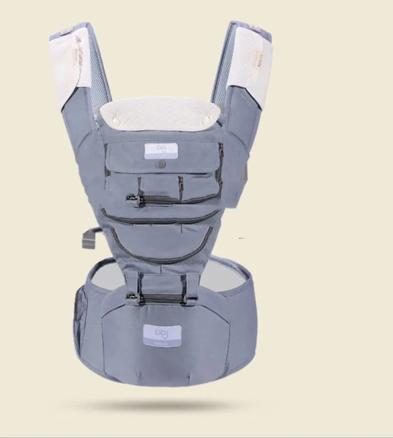 Breathable baby waist stool carrier in mint green with shoulder strap and back bag