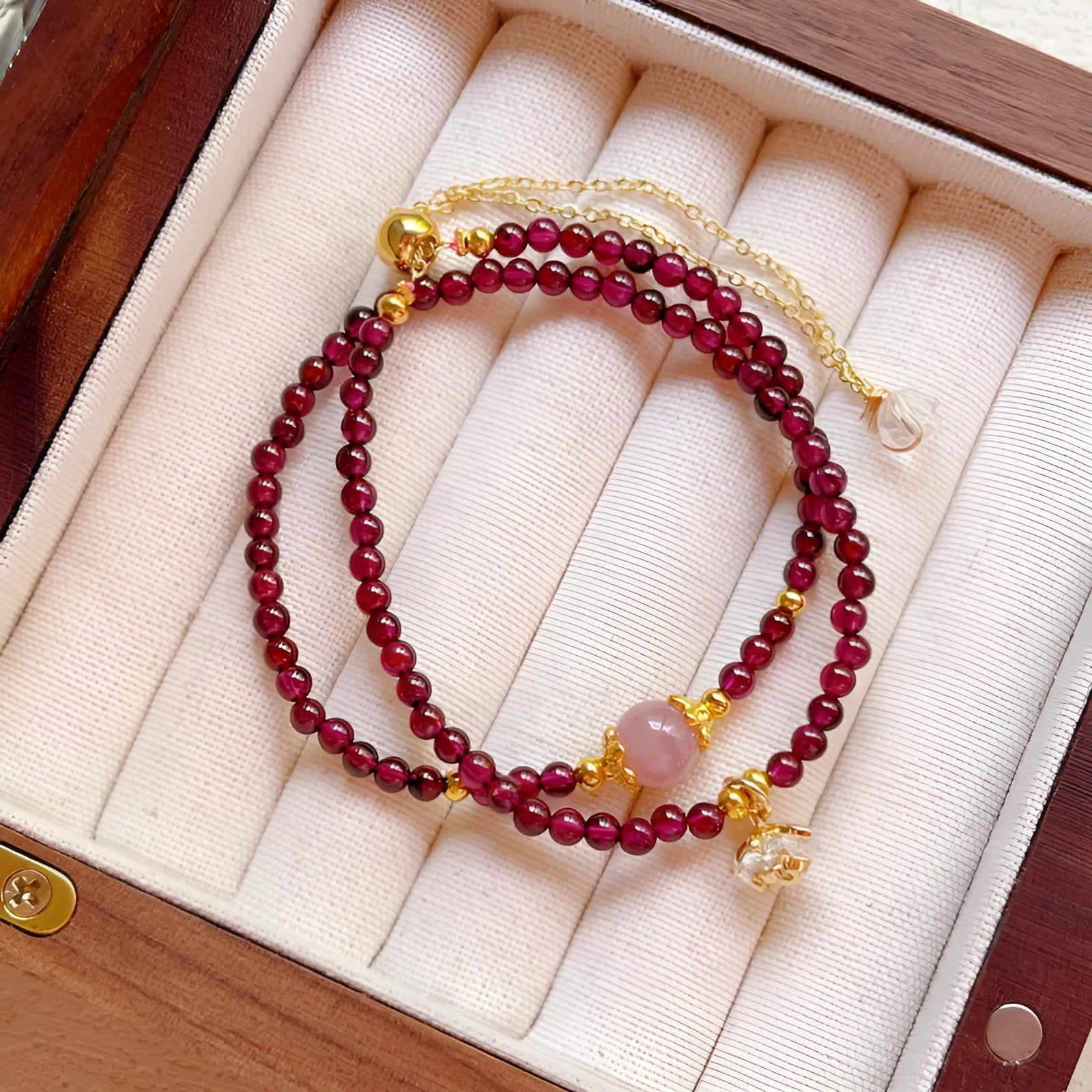 Natural garnet women's bracelet with double ring design and genuine stones