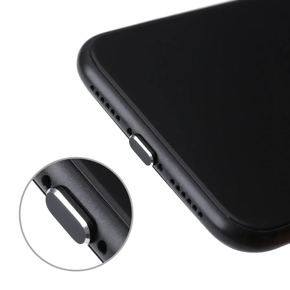 Aluminium alloy dust plug for iPhone charging port in various metallic colours.