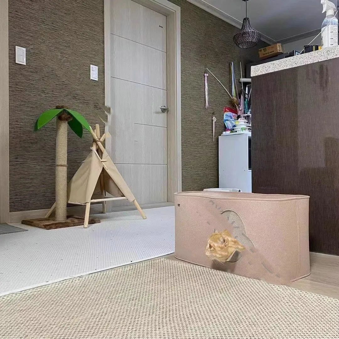 A foldable felt cat nest pet bed shown in khaki colour, with dimensions for scale.