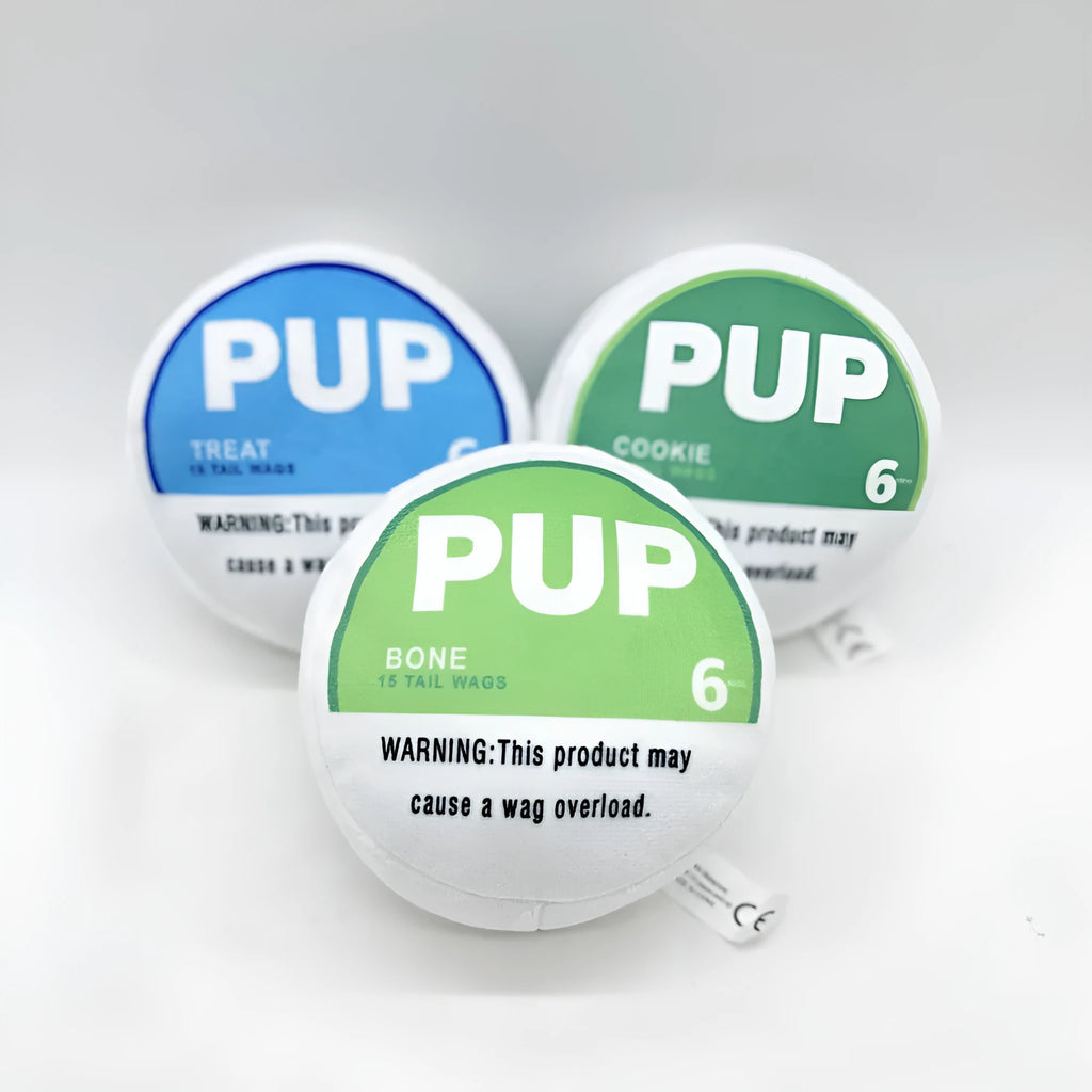 Plush dog toy for gnawing and creaking relief, shown in blue, light green or dark green options