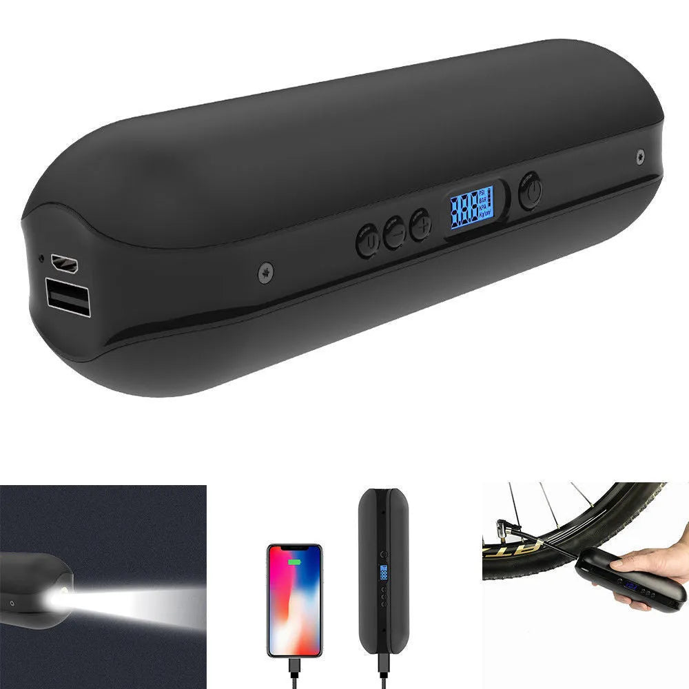 Rechargeable electric bike tyre inflator with LCD display, 150PSI pressure, compact black design