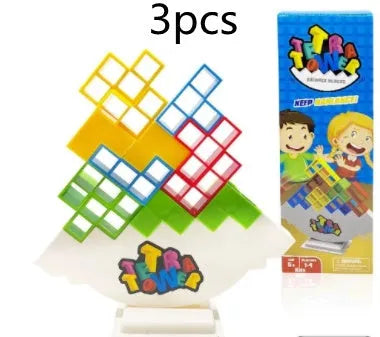 Balance stacking board game with 16 colourful plastic blocks on chassis