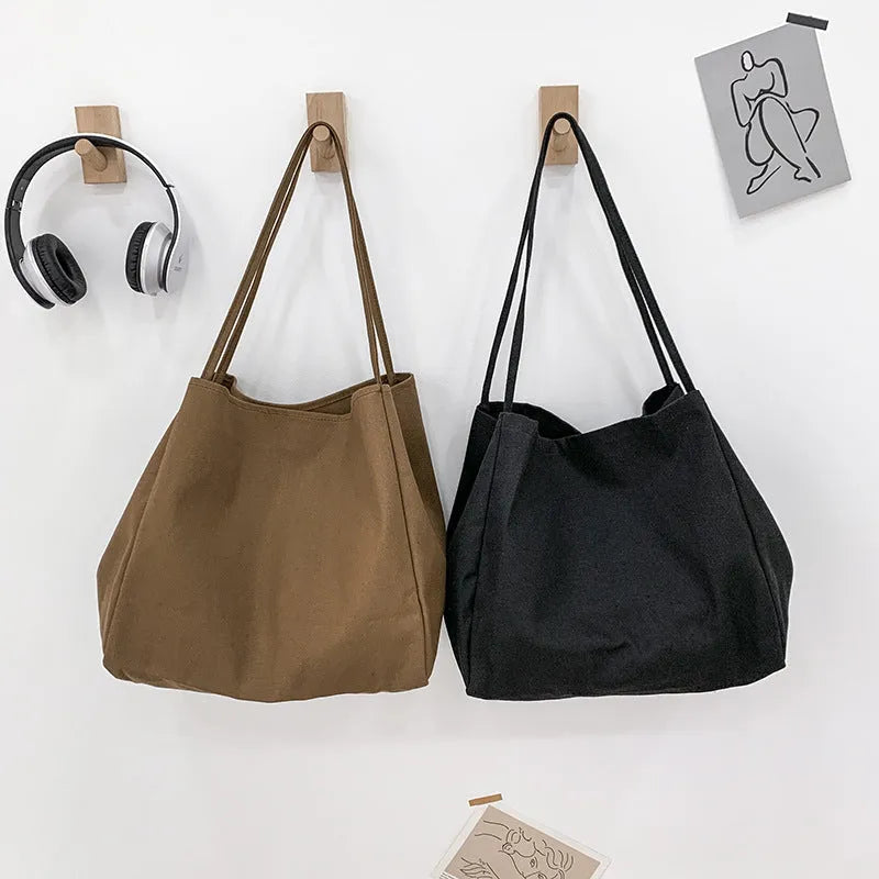 Women's solid colour canvas shopping bag with double shoulder straps and internal mobile phone pocket