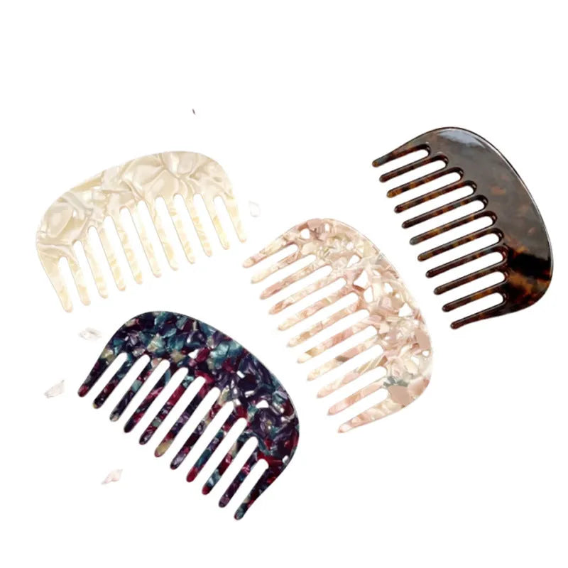 Retro easy matching hair comb in acetic acid, 10x6.2cm, shown in ivory white, transparent brown, crushed gem, and cherry blossom powder