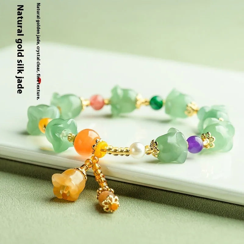 Natural Xinjiang jinsi jade bracelet with hand-carved aventurine orchid beads for women
