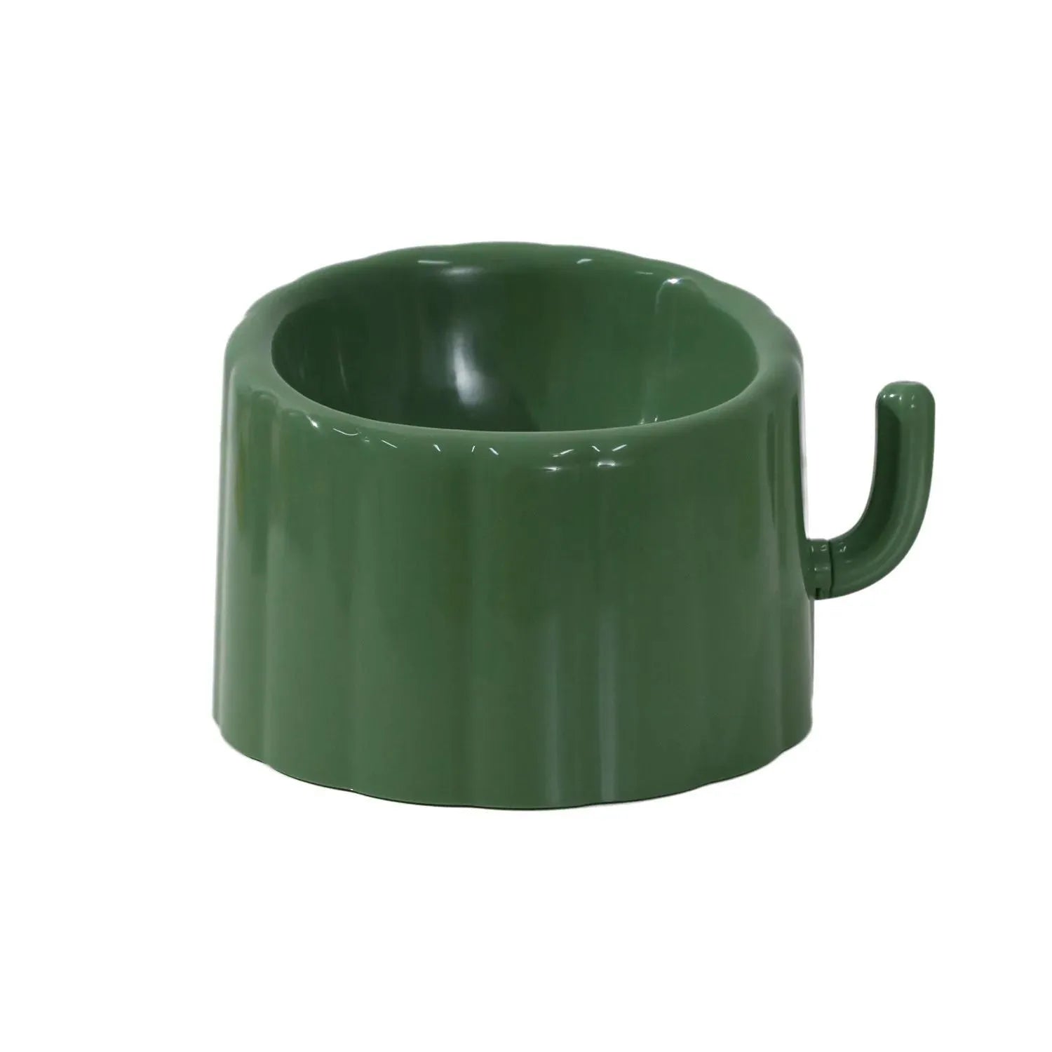 Green high-stand cat bowl with cactus design and a large opening.