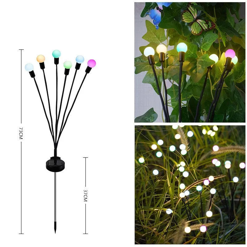 Set of solar-powered LED garden lights with ground spikes, showing firefly-style heads and solar panel.
