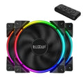 Set of three black 120mm RGB illuminated PC cooling fans for computer case installation.